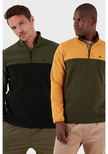 Buratti Regular Fit Anti-Pilling Tüylenme Yapmayan Dik Yaka Şardonlu 2'Li Paket Erkek Polar 5906016S2 Hardal-Haki