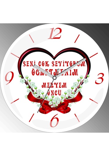 Kişiye Özel Seni Seviyorum Öğretmenim Çap 30cm Sessiz Akar Bombeli Gerçek Cam Duvar Saati Çok Renkli