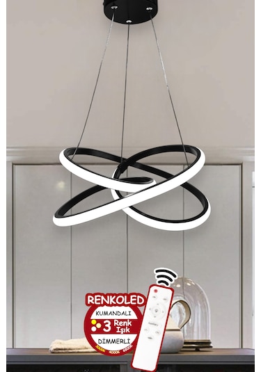 Kumandalı 3 Renk Işıklı Siyah Kasa Modern Sarkıt Led Avize Siyah