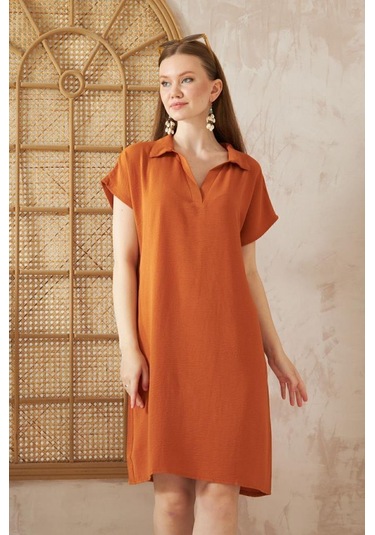 Kadın Bol Kesim Polo Yaka Kısa Kollu Günlük Kısa Midi Elbise Dizüstü 2883200 Kiremit