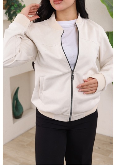 Bomber Kolej Su Geçirmez Ceket Açık Krem Süet
