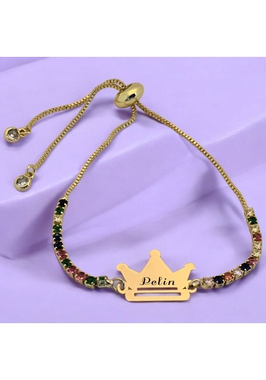 Pelin İsmine Özel Taç Motifli 14 Ayar Altın Plakalı Renkli Taş Desenli Hediye Bileklik-489isim Pelin