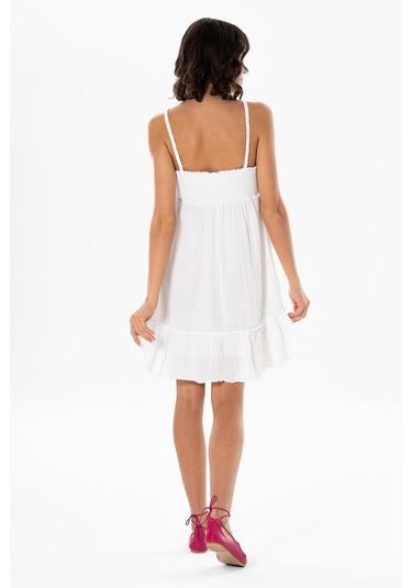 Alanya Boyundan Bağlamalı Kısa Yazlık Müslin Elbise Beyaz Byz-beyaz