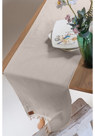 Vivamaison Düz Püsküllü Pamuk Kumaş Runner 45 x 150 Bej