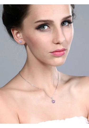 Brezza Lusso Jewelry Ametist Taşı Kalp Kadın Gümüş Kolye Küpe Seti 45 CM