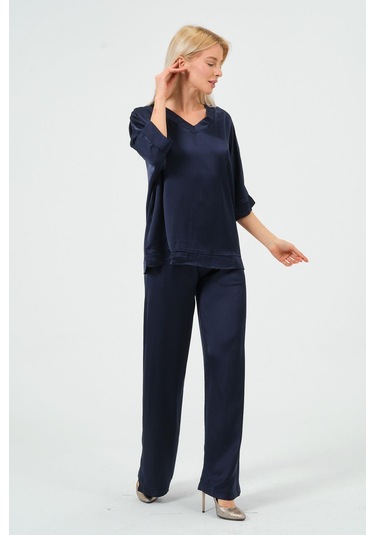 Kadın Saten Takım Parlak Saten Pantolon Bluz Çok Renkli