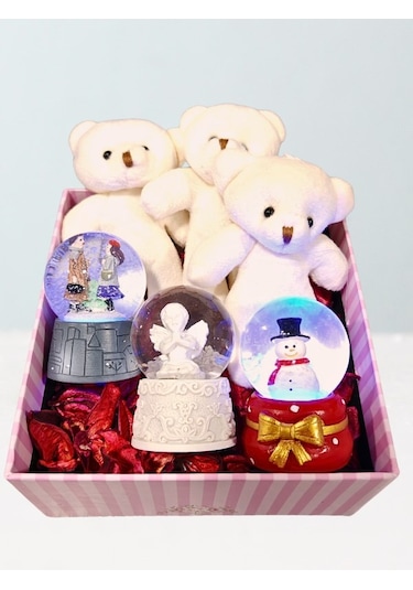 Özel Kutu İçinde 3 Adet Işıklı Mini Küre Ve Yavru Ayıcıklar Hediye Kutusu