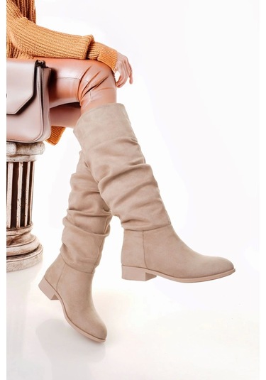 Winda Bej Süet Körüklü Çizme Bej