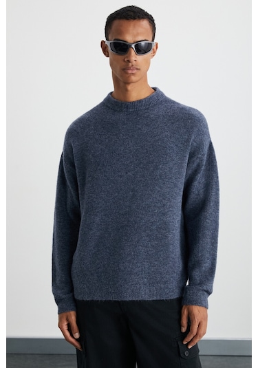 Tromso Erkek Relaxed Fit Bisiklet Yaka Sıcak Tutan Triko Indigo Kazak