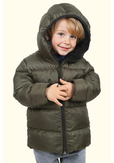 Erkek Çocuk Polarlı Kürklü Kapüşonlu Su Geçirmez Rüzgara Dayanıklı Şişme Kışlık Mont Kaban Haki