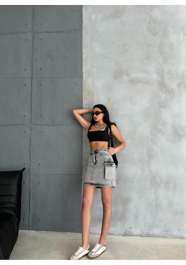 Zeo Basic Kargo Cep Detaylı Grey Ice Wash Mini Denim Etek Gri