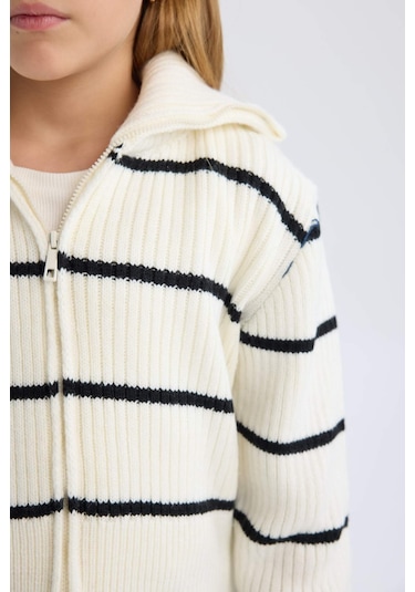 DeFacto Kız Çocuk Çizgili Fermuarlı Triko Hırka D1387A824WNER233 Ekru