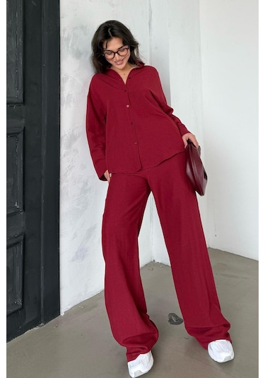 Madmext Kırmızı Keten Kadın Gömlek Pantolon İkili Takım Mg2356 Kırmızı