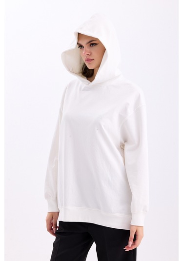Pastelastore Pamuklu Kapüşonlu 2 İplik Baharlık Oversize Sweatshirt Ekru