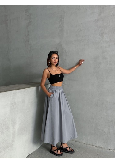 Kadın Beli Lastikli Dokuma Kloş Etek Gri