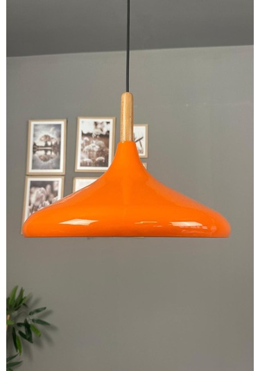 Champion Parlak Turuncu Ahşap Tekli Avize Sarkıt Salon Mutfak Cafe Butik Lamba Aydınlatma Avizeler Turuncu