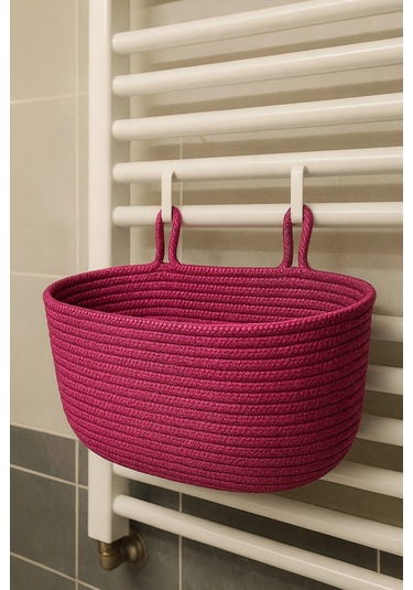 Dekoratif Askılı Banyo Sepeti 18 40 16 Cm Saklama Ve Düzenleyici Hasır Jüt Sepet Organizer El İşi Fuşya