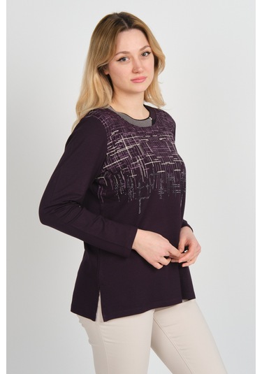 Detay Triko Kadın Taş Detaylı Desenli Yanları Yırtmaçlı Uzun Kol Anne Bluz 5741 Mürdüm Mürdüm