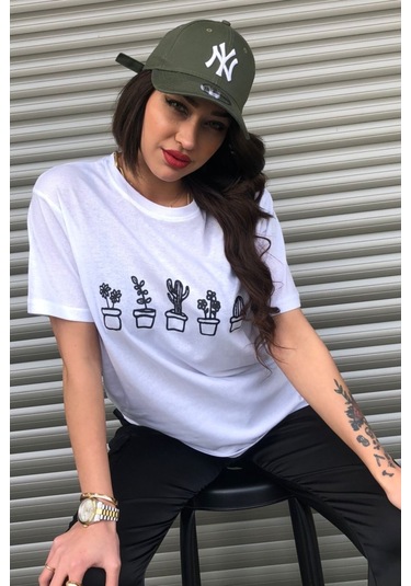 Modagen Kaktüs Baskılı Beyaz Kadın Oversize T-shirt K Beyaz