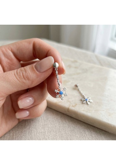 925 Ayar Gümüş Mavi Opal Taşlı Kar Tanesi Sallantılı Küpe Gümüş