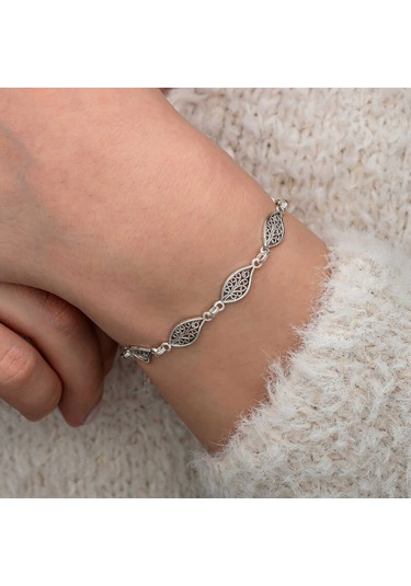 Artsmagazinmücevher Gümüş Telkari Yaprak Desenli Kadın Bileklik