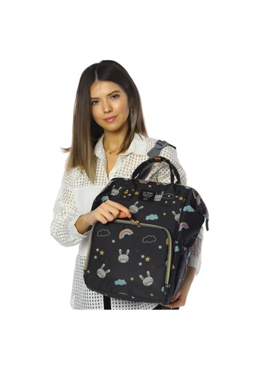 Lal Baby Tavşan Desenli Anne Bebek Bakım Sırt Çantası Siyah