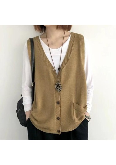 Yeşil Kadın Örgü Yelek V Yaka Kolsuz Tek Sıralı Sıcak Yelek Düz Renk Bol Kesim Yeşil