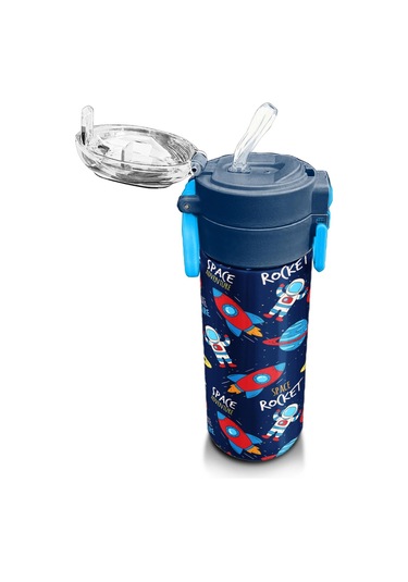 Coral High Kids Lacivert Mavi Uzay Desenli Pipetli Ve Direkt İçim Çelik Termos 500 Ml 31917 Lacivert - Mavi