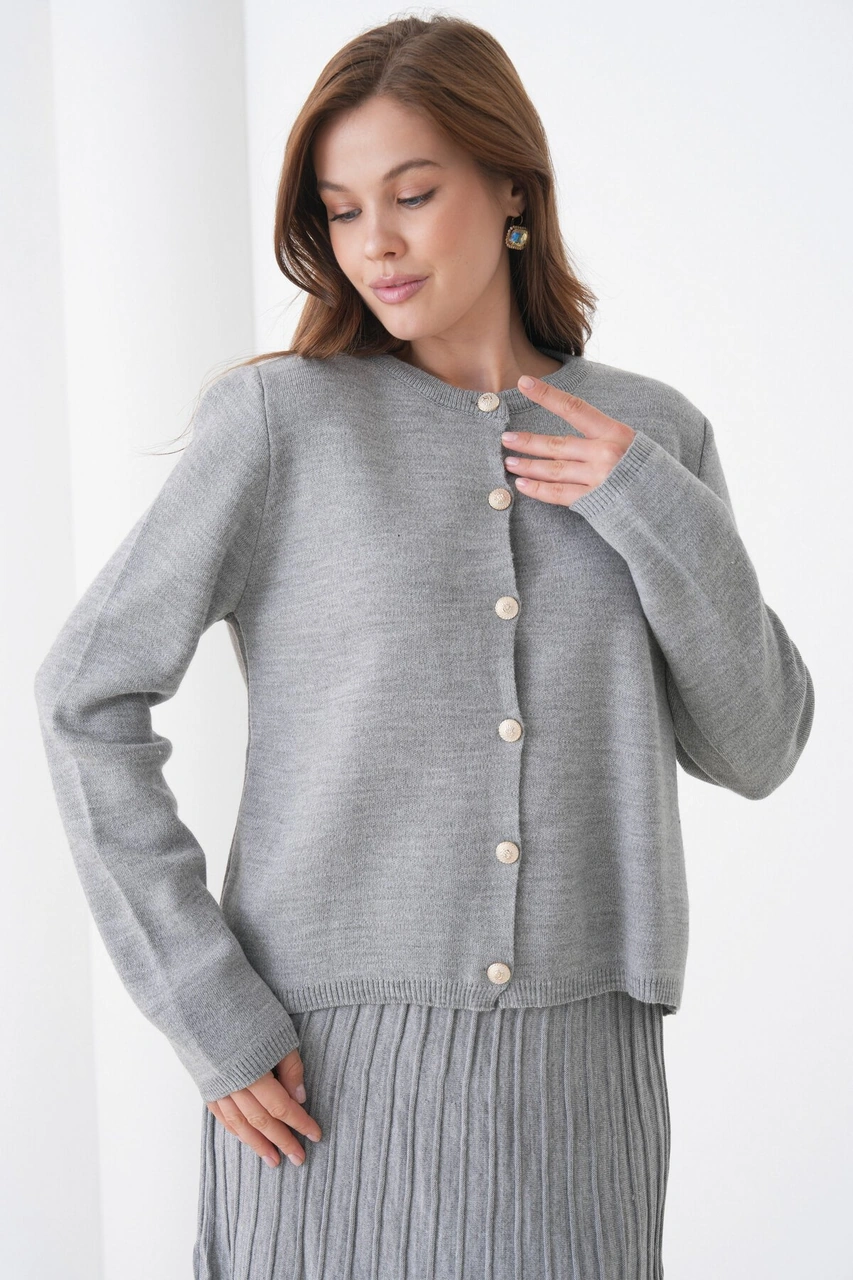 Kadın Pileli Etek Kazağı Düğmeli Tesettüre Uygun Örgü Triko Etekli Ceket Takım Gri