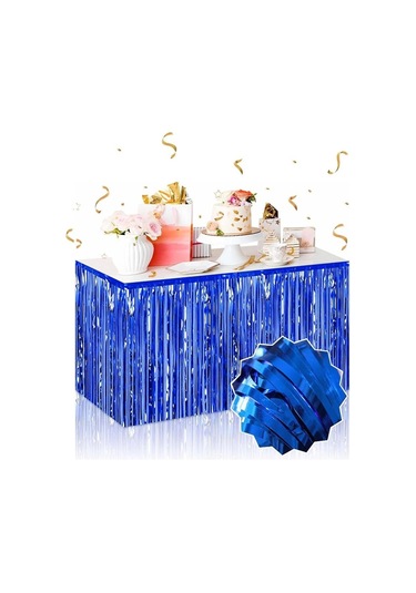 Kendinden Yapışkanlı Mavi Metalize Püsküllü Masa Eteği 75 X 275 Cm Parti Süslemesi