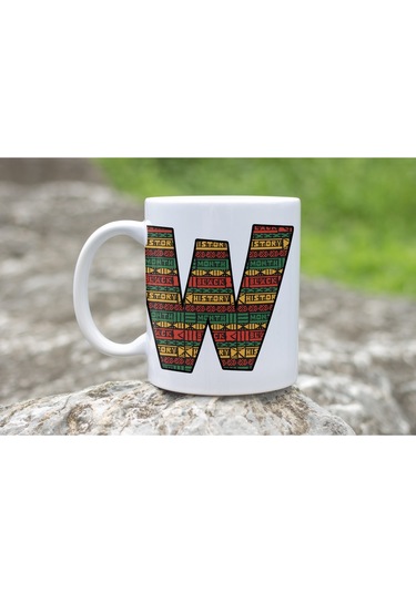 W Harfi Etnik Desenli Kupa - Afrika Tarzı Kahve Çay Kupası - Hediyelik - Black History Beyaz