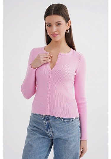 6931 Kadın Düğmeli Fitilli Triko Hırka Pembe Pembe