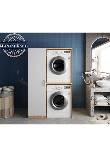 Almera Çamaşır Ve Kurutma Makinesi Dolabı Banyo Dolabı Meşe Beyaz Beyaz - Meşe