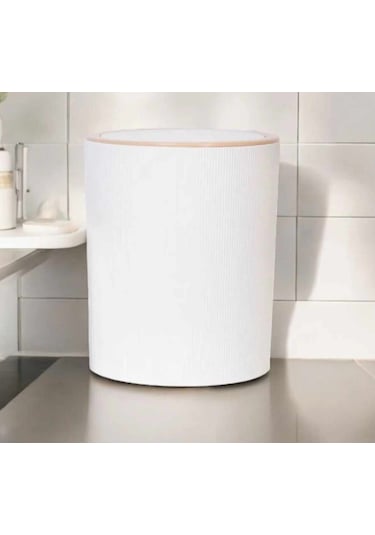 Decorev Lüks Ahşap Desenli Banyo Mutfak Çöp Kovası Beyaz