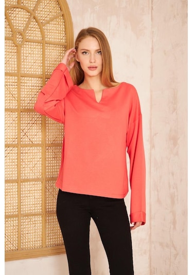 Kadın Ekstra Uzun Duble Kol / Yakası Yırtmaçlı Salaş Sweatshirt Bluz 3470190 Mercan