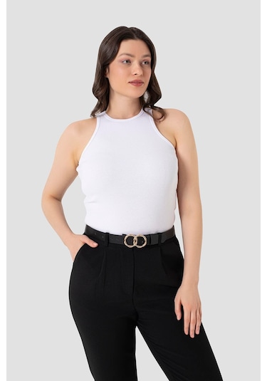 Arma Yıldız Kadın Pamuklu Fitilli Görünümlü Halter Yaka Basic Beyaz Atlet beyaz