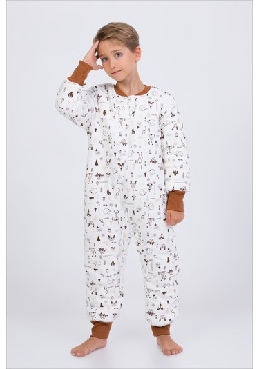 Kız Erkek Çocuk Kalın Elyaf Dolgulu Premium Kalite 2.5 Tog Desenli Uyku Tulumu Kahverengi - Ekru