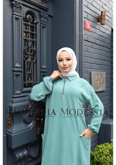 Kadın Mint Yeşili Aerobin Uzun Önü Yarım Fermuarlı İkili Takım T1220 Mint Yeşili