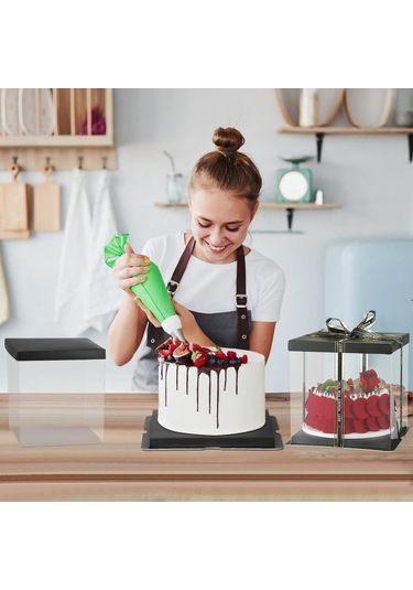 Bloomnest 5 Parça 8-9 İnç Kurdeleli Şeffaf Pasta Kutusu, 6-7 İnç Pasta Ambalajı, Nakliye İçin Siyah