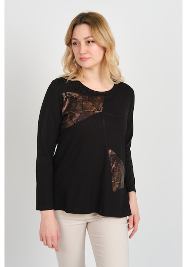 Detay Triko Kadın Boncuk İşlemeli Parlak Desenli Uzun Kol Anne Bluz 5744 Siyah Siyah