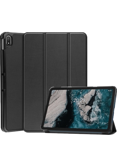 Nokia Uyumlu T20 Üç Katlı Stand İçin Koruyucu Kılıf Pu Deri + Pc Tablet Kapak