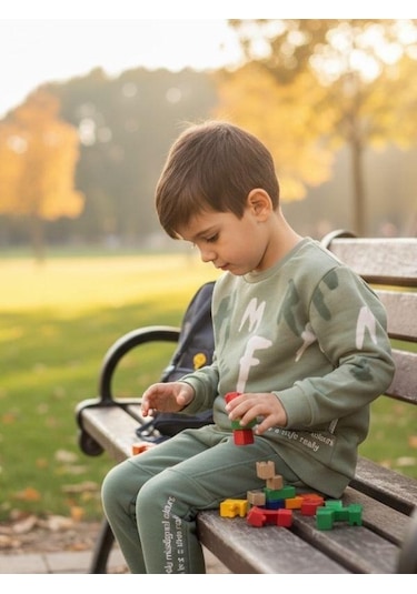 Zekids Erkek Çocuk Pamuklu Baskılı Eşofman Takım-16324 Yeşil