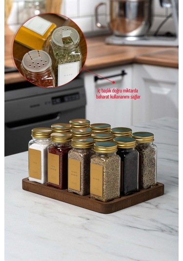 Mienda Home Ahşap Standlı Cam Baharatlık Seti Gold Kapak-etiket 12'li Baharatlık Takımı-mh01gld12 Gold - Şeffaf