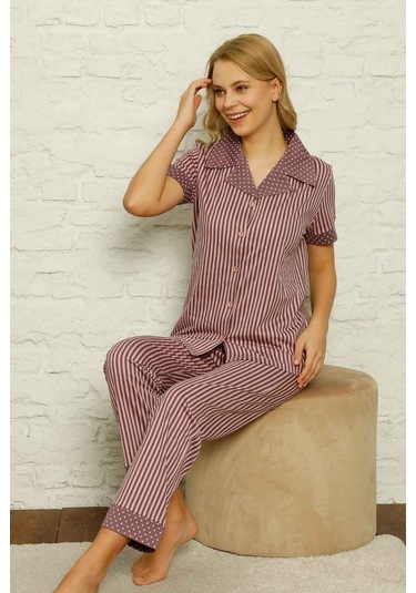 Dreamy Pamuklu Uzun Kollu Puantiyeli Düğmeli Yaka Pijama Takımı Açık Lila Puantiye Lila