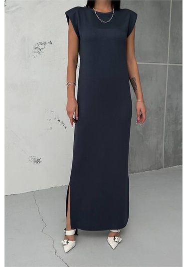 Neşeli Butik Kadın Vatkalı Yırtmaç Detaylı Modal Elbise Nbg010 Antrasit