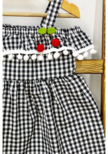 Kız Çocuk Askılı Elbise Dantelli Ekose Desenli B14 Siyah