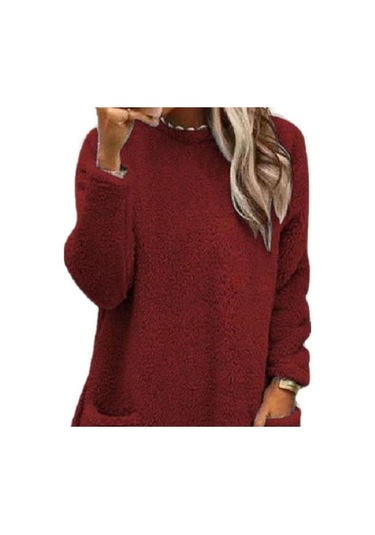 Çift Cepli Bayan Kışlık Sweatshirt Saf Renk Peluş Yuvarlak Yaka Bol Açık Mavi