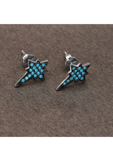 Turkuaz Taşlı Gümüş Rengi Kaplama Gümüş Kutup Yıldızı Küpe