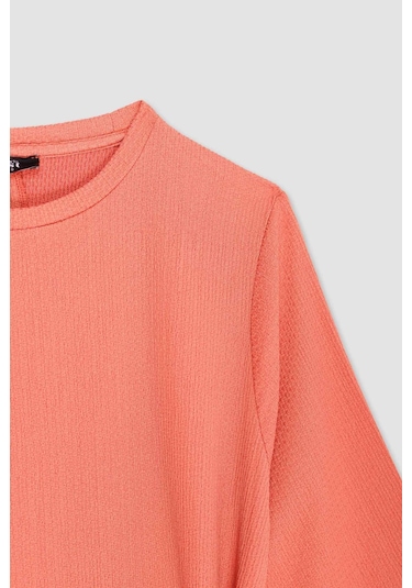 Defacto Regular Fit Bisiklet Yaka Bağlamalı Uzun Kollu Maxi Elbise D9063ax25spog350 Turuncu