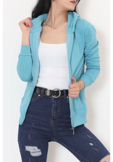 Buyers Butik - Kapşonlu Fermuarlı Sweat Petrol - 11866.108. 001